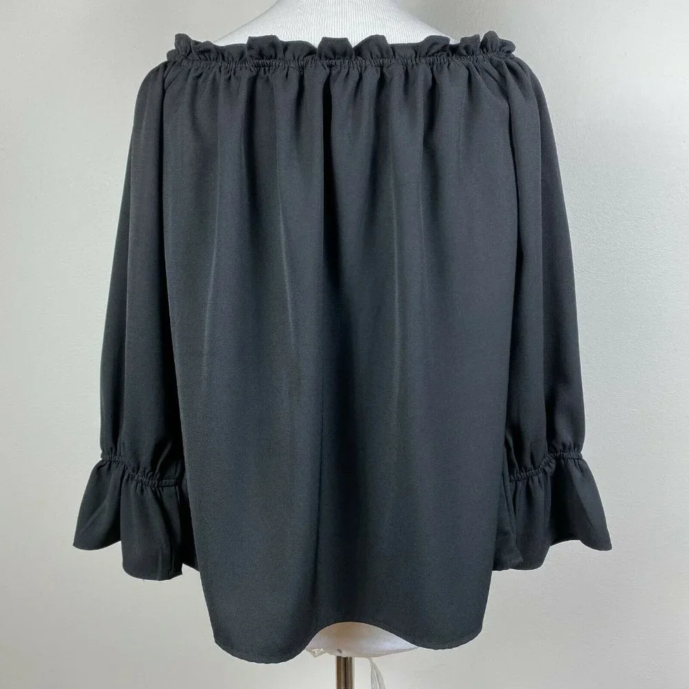 Lulus Top S Off The Shoulder Black Ruffle 3/4 Sleeve Solid Dressy Blouse - Picture 6 of 10